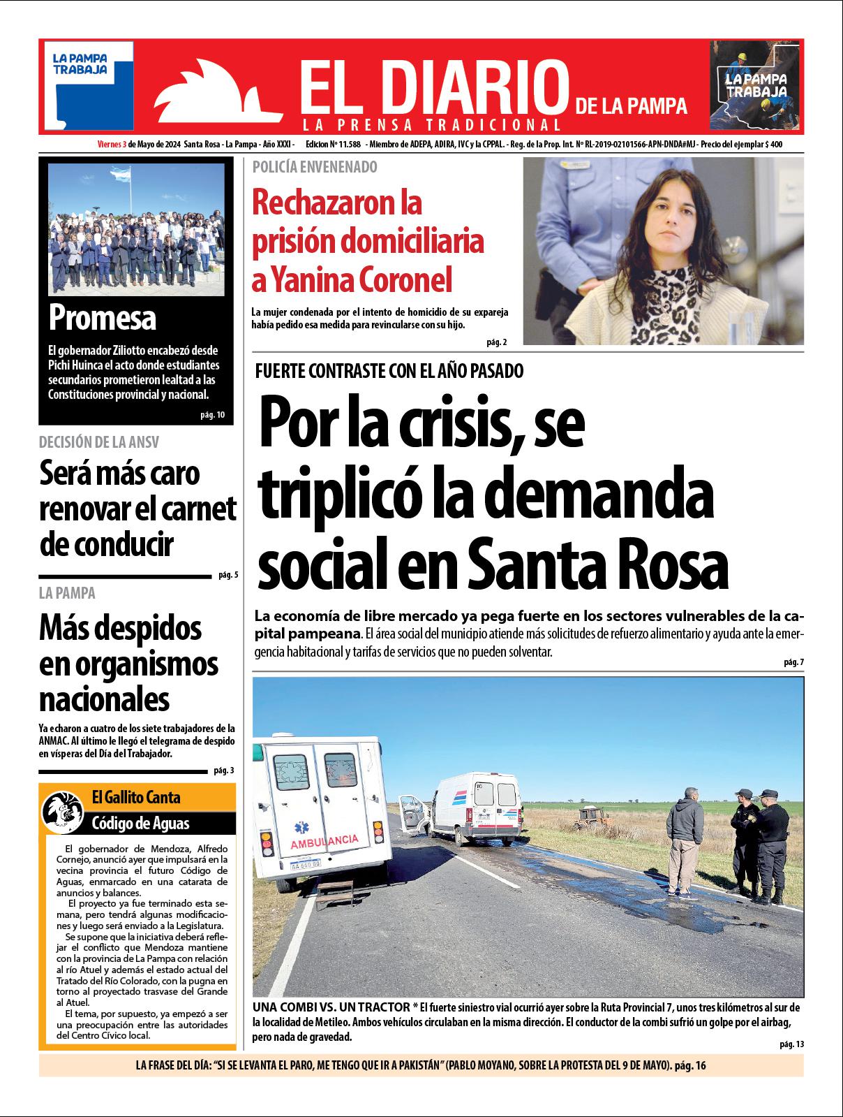 Tapa de El Diario en papel  viernes 03 de mayo de 2024